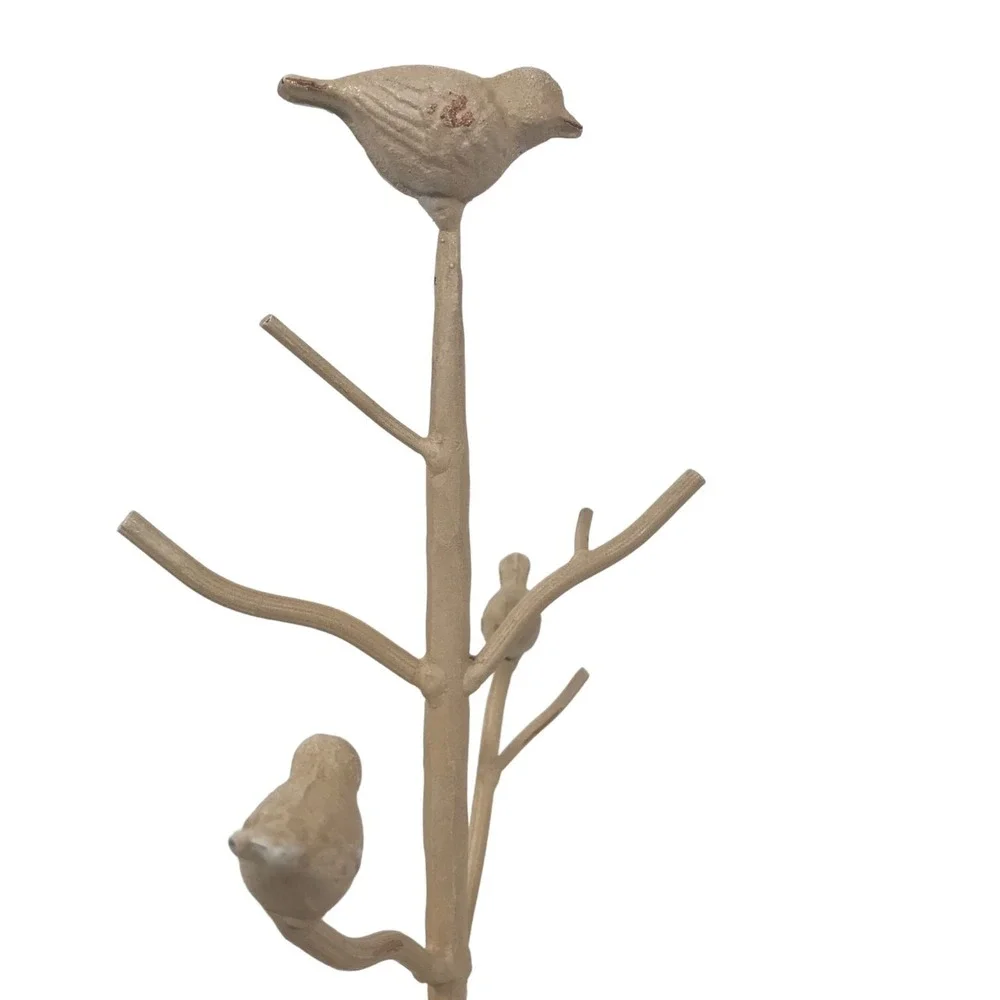 Vintage Metal Bird Jewelry Tree Stand Distressed Cream Farmhouse Decor 12.5in